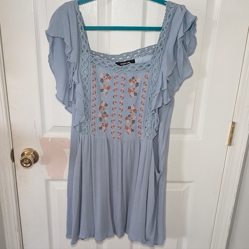 Sugar Lips Embroidered Blue Ruffled Lace Detail Top